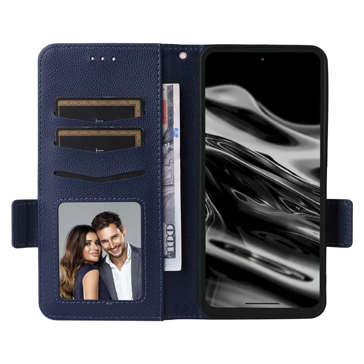 For XREAL Beam Pro Case with Wrist Strap Litchi Texture PU Leather Wallet Phone Cover - Dark Blue