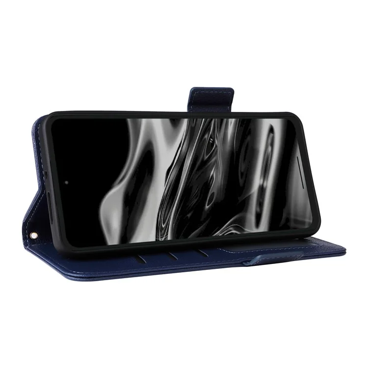 For XREAL Beam Pro Case with Wrist Strap Litchi Texture PU Leather Wallet Phone Cover - Dark Blue