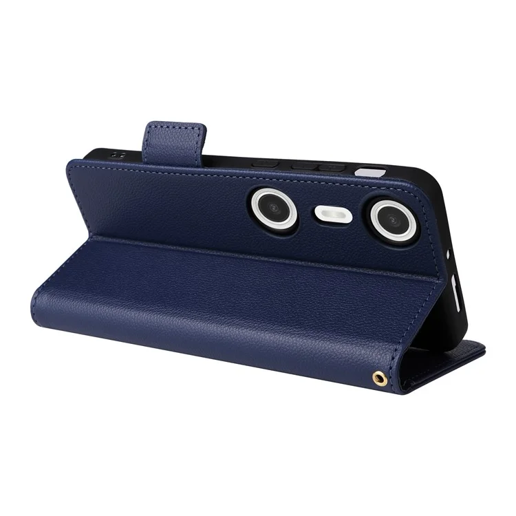 For XREAL Beam Pro Case with Wrist Strap Litchi Texture PU Leather Wallet Phone Cover - Dark Blue