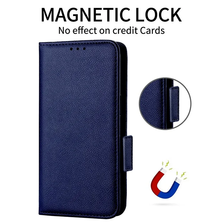 For XREAL Beam Pro Case with Wrist Strap Litchi Texture PU Leather Wallet Phone Cover - Dark Blue