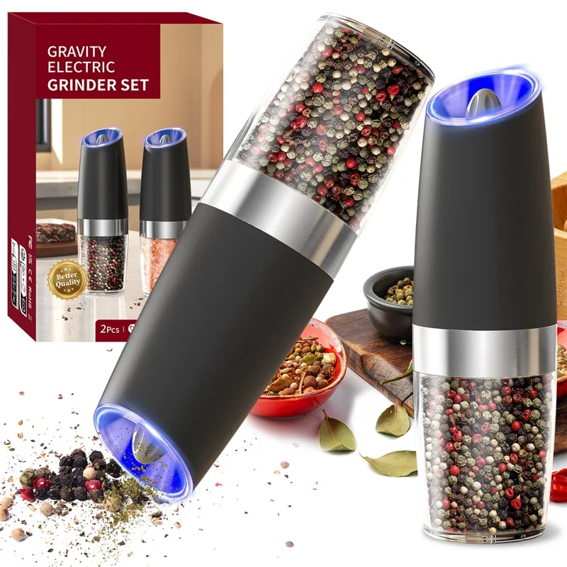 KLT DGS-KYMQ-50B 2Pcs Battery Powered Gravity Sensing Kitchen Electric Salt Pepper Grinder (BPA Free, No FDA Certification)