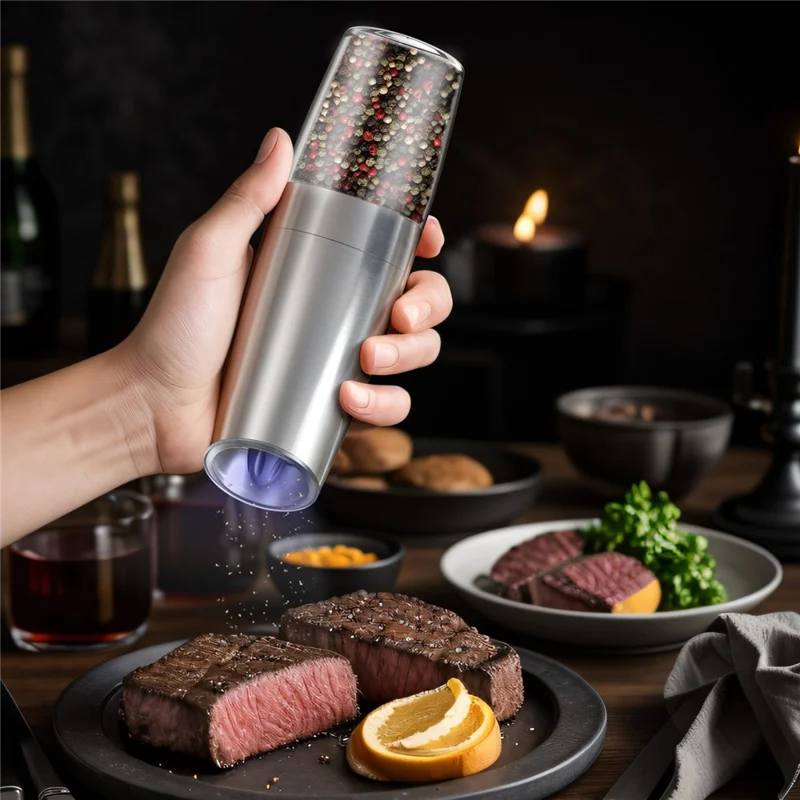 KLT DGS-KYMQ-53B 2Pcs Battery Powered Gravity Sensing Stainless Steel Electric Pepper Grinder (BPA Free, No FDA Certification)