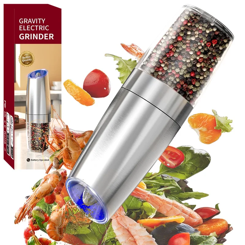 KLT DGS-KYMQ-53B 2Pcs Battery Powered Gravity Sensing Stainless Steel Electric Pepper Grinder (BPA Free, No FDA Certification)