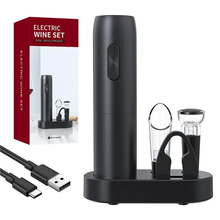 KLT KP1125(D) 5-in-1 Rechargeable Red Wine Bottle Opener Pourer Vacuum Stopper Foil Cutter with Base
