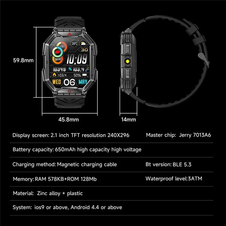 Bozlun (skmei) B65 2,1-дюймовые Часы Smart Watch Bluetooth Calling Monitoring Sleep Health Monitoring Outdoor Sport Watch - Черный
