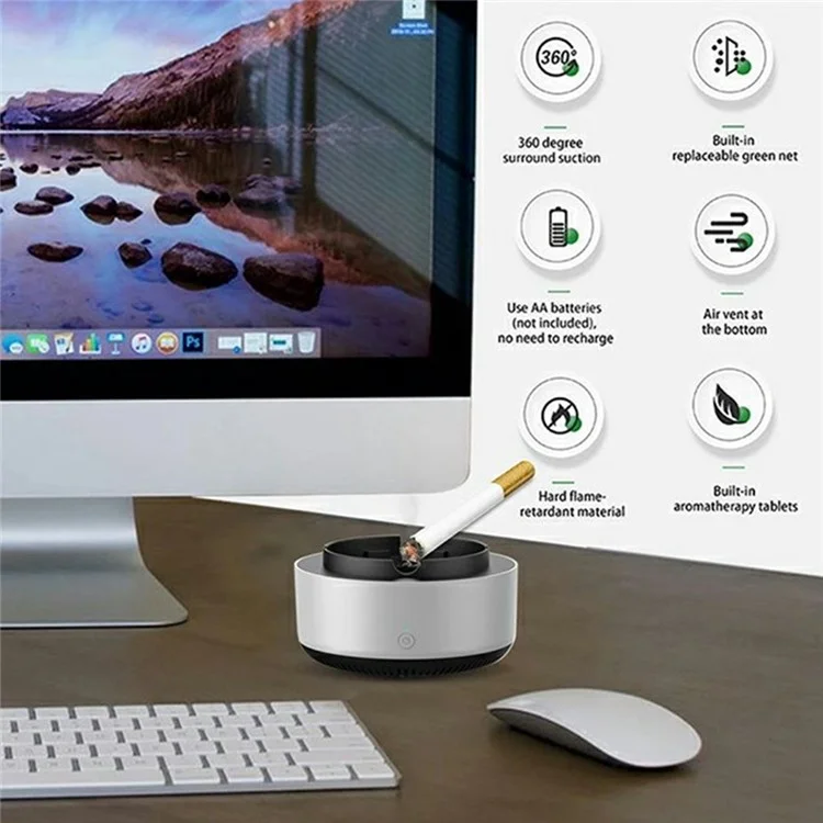 AS-08 Home Office Smoke Removal Air Purification Ashtray Electric Air Purifier Ashtray, Battery Powered - Grey