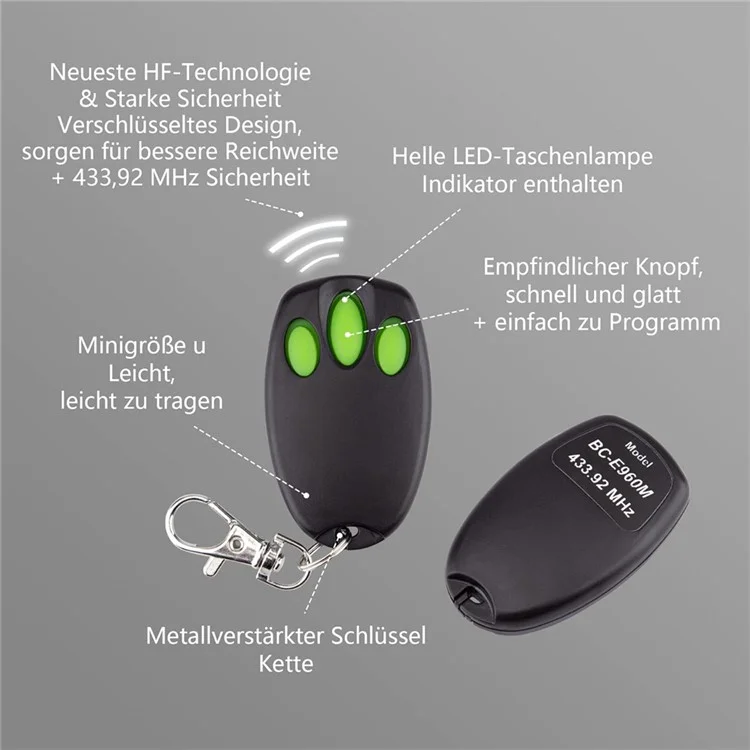 3-Tasten Mini-Fernbedienung 433,92 MHz Garagentoröffner C945 CM842 C940 C943 - Grün