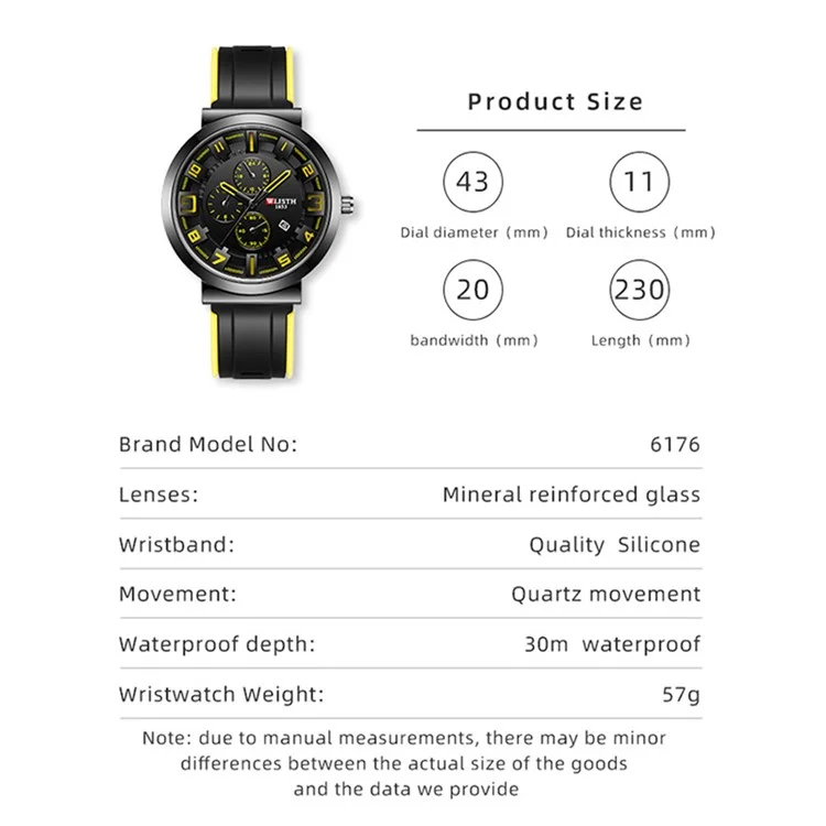 WLISTH 6176 Men Calendar Quartz Restestar Pequeno de Disco de Disco de Discone - Laranja