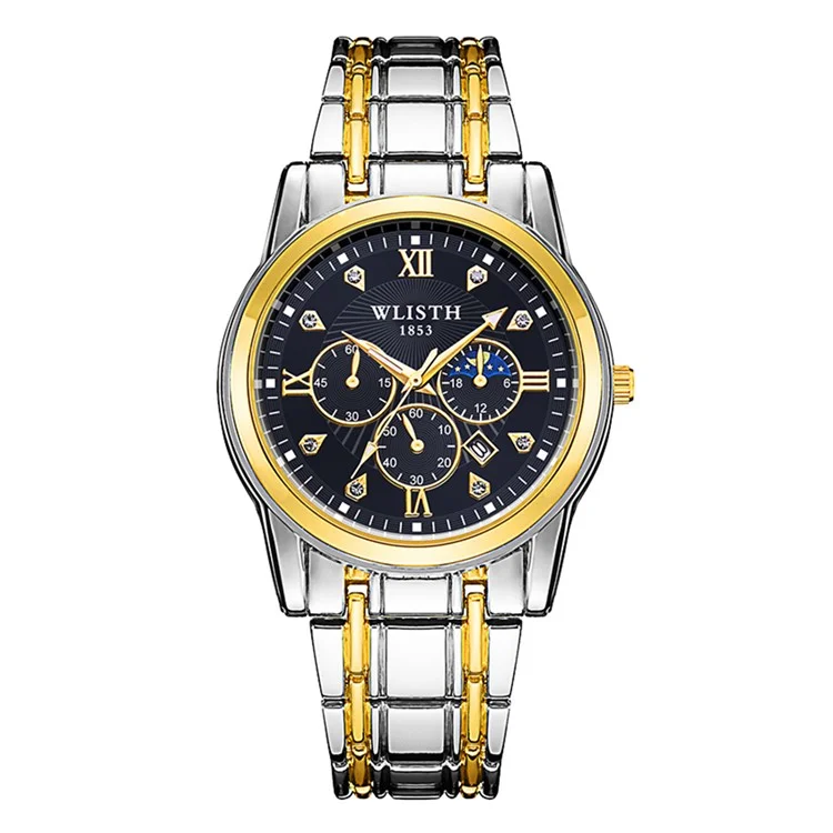 WLISTH 6177 Fashion Steel Strap Men Men Quartz Watch Luminal Calendar Wrist Watch - Cadran Noir