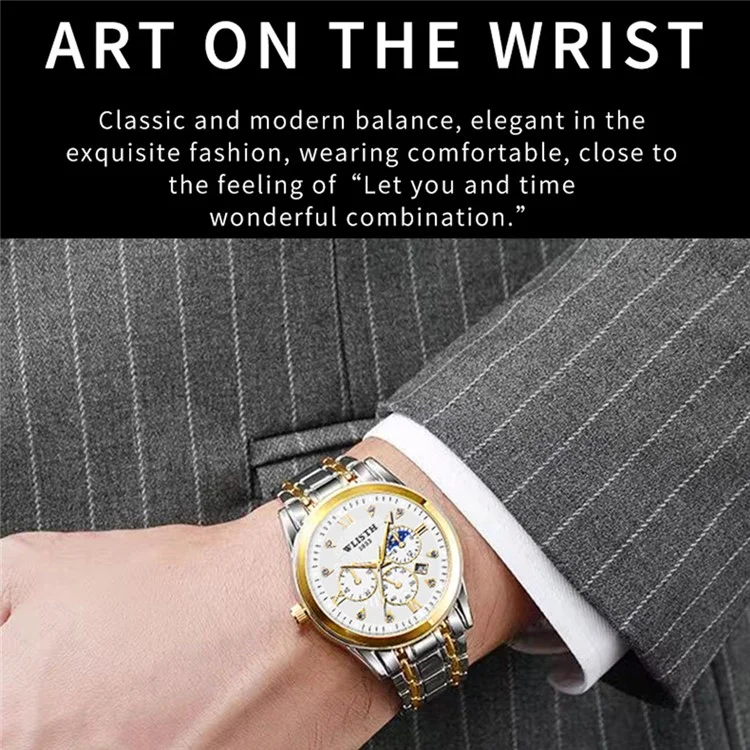 WLISTH 6177 Fashion Steel Strap Men Men Quartz Watch Luminal Calendar Wrist Watch - Cadran Noir