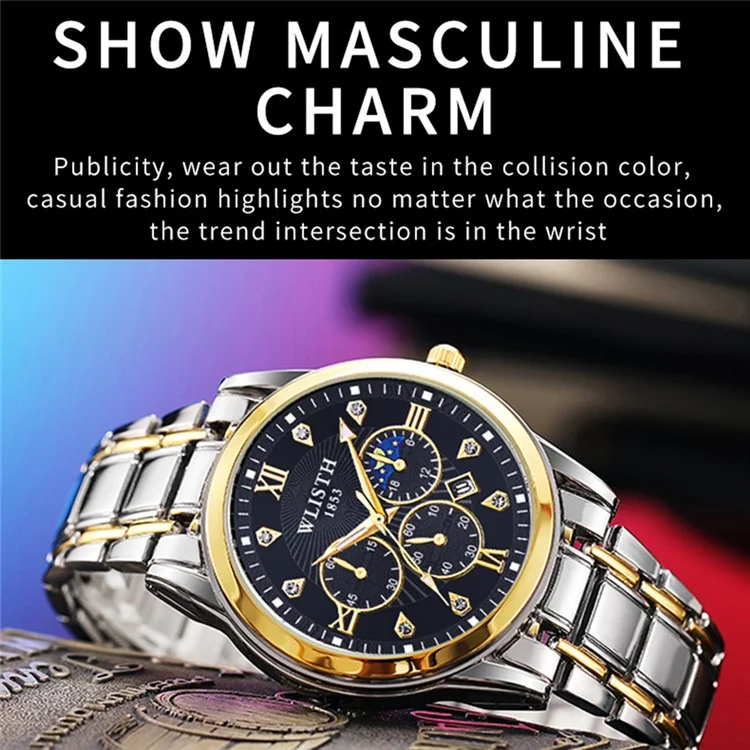 WLISTH 6177 Fashion Steel Strap Men Men Quartz Watch Luminal Calendar Wrist Watch - Cadran Noir