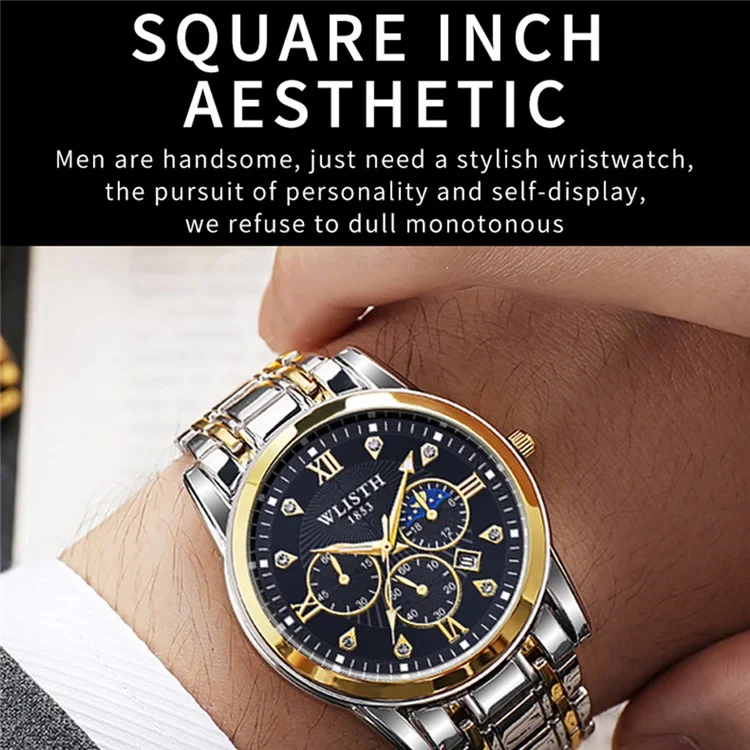 WLISTH 6177 Fashion Steel Strap Men Men Quartz Watch Luminal Calendar Wrist Watch - Cadran Noir