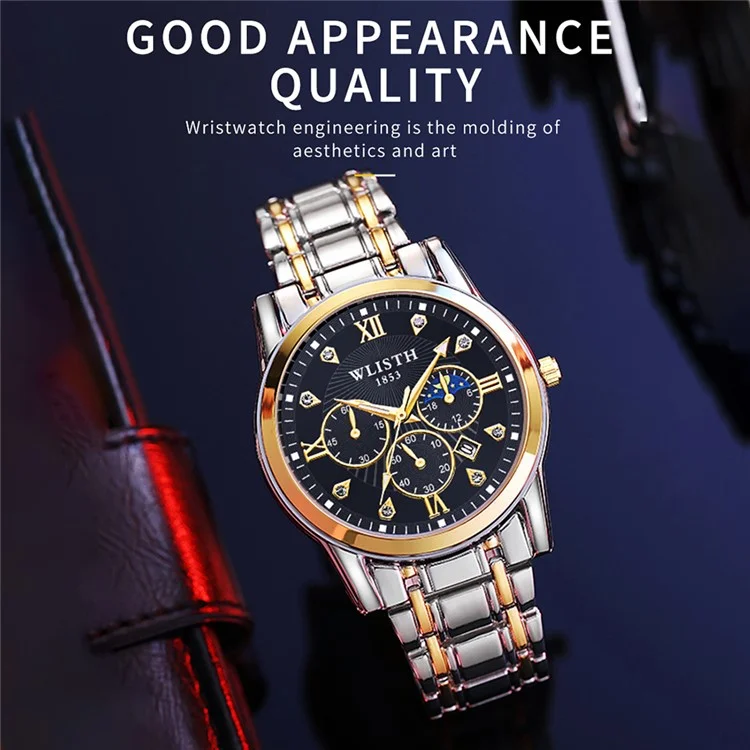WLISTH 6177 Fashion Steel Strap Men Men Quartz Watch Luminal Calendar Wrist Watch - Cadran Noir