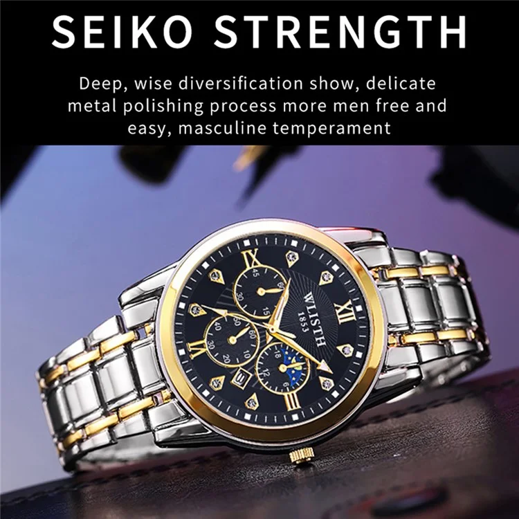 WLISTH 6177 Fashion Steel Strap Men Men Quartz Watch Luminal Calendar Wrist Watch - Cadran Noir