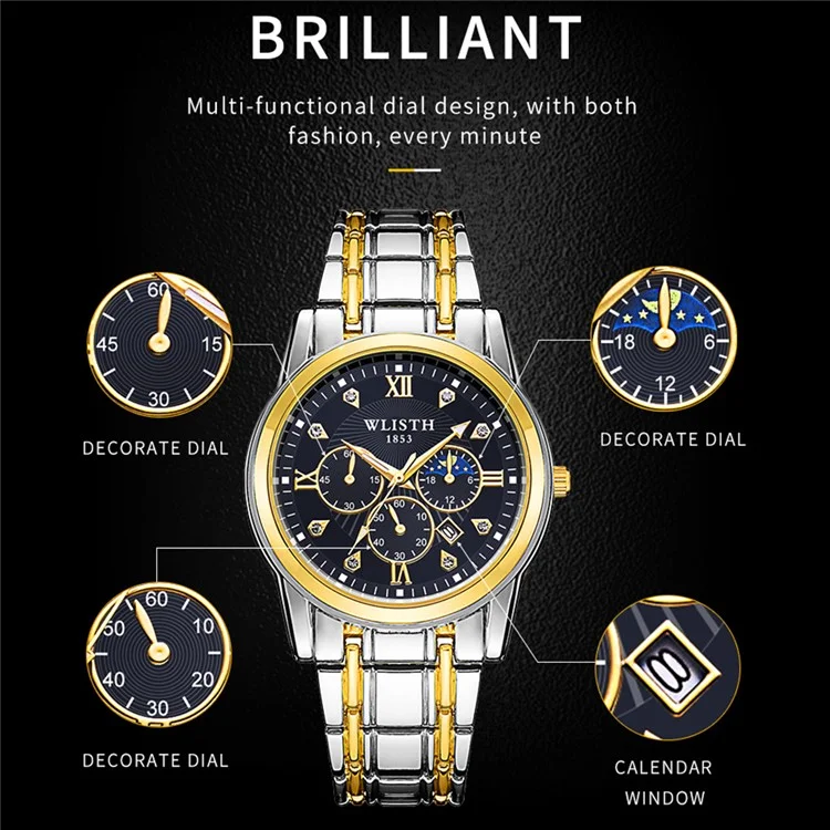 WLISTH 6177 Fashion Steel Strap Men Men Quartz Watch Luminal Calendar Wrist Watch - Cadran Noir