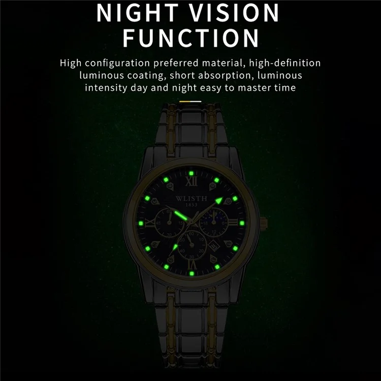 WLISTH 6177 Fashion Steel Strap Men Men Quartz Watch Luminal Calendar Wrist Watch - Cadran Noir