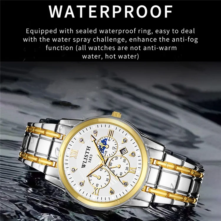 WLISTH 6177 Fashion Steel Strap Men Men Quartz Watch Luminal Calendar Wrist Watch - Cadran Noir