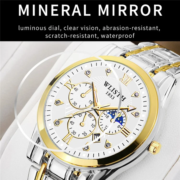 WLISTH 6177 Fashion Steel Strap Men Men Quartz Watch Luminal Calendar Wrist Watch - Cadran Noir