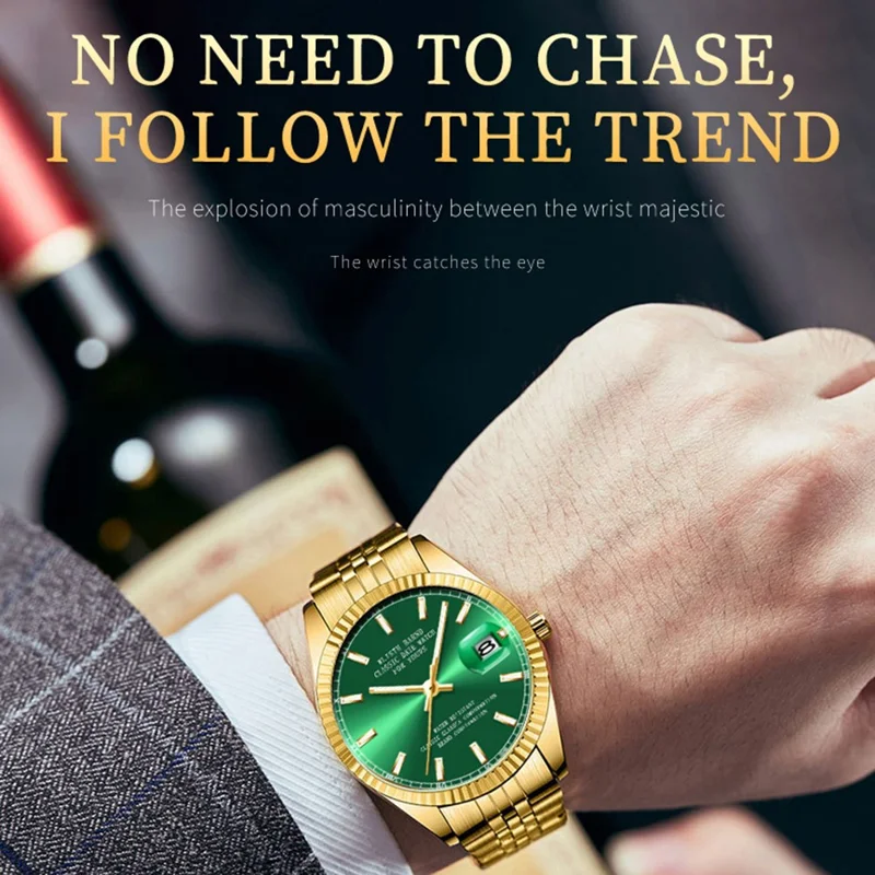 WLISTH 6156 Steel Strap Men Quartz Watch Waterproof Luminous Calendar Wrist Watch - Green Dial
