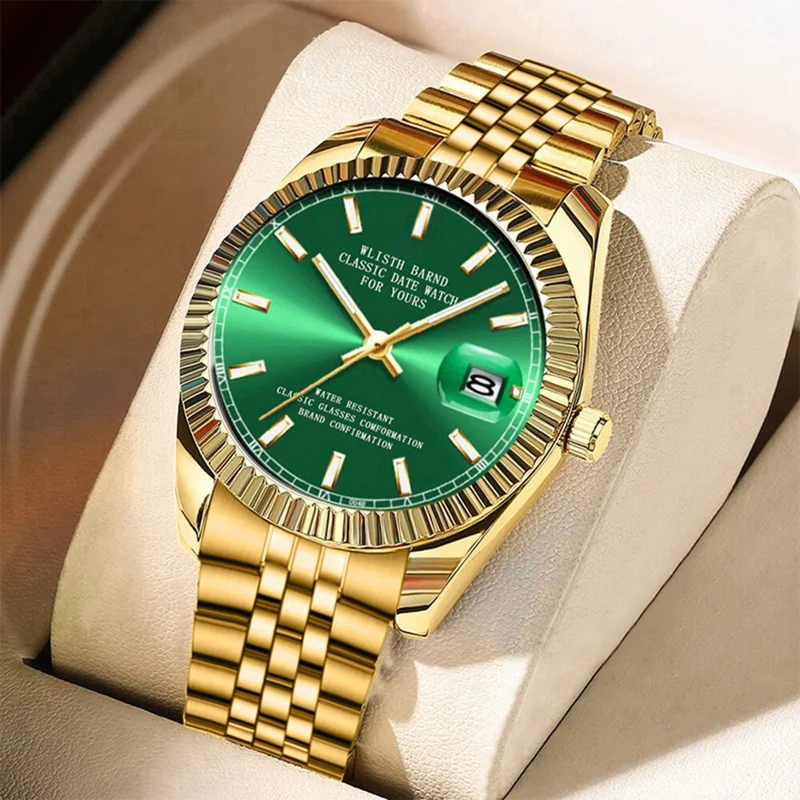 WLISTH 6156 Steel Strap Men Quartz Watch Waterproof Luminous Calendar Wrist Watch - Green Dial