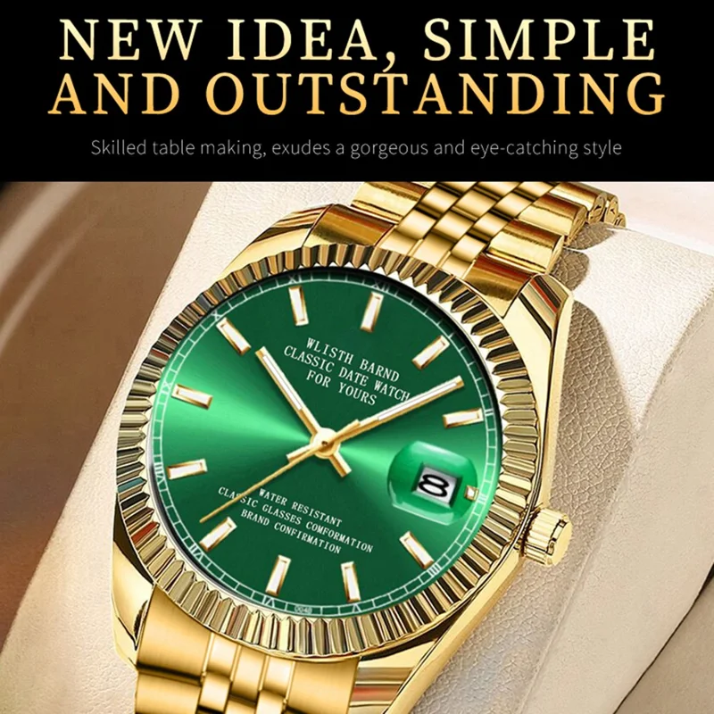WLISTH 6156 Steel Strap Men Quartz Watch Waterproof Luminous Calendar Wrist Watch - Green Dial