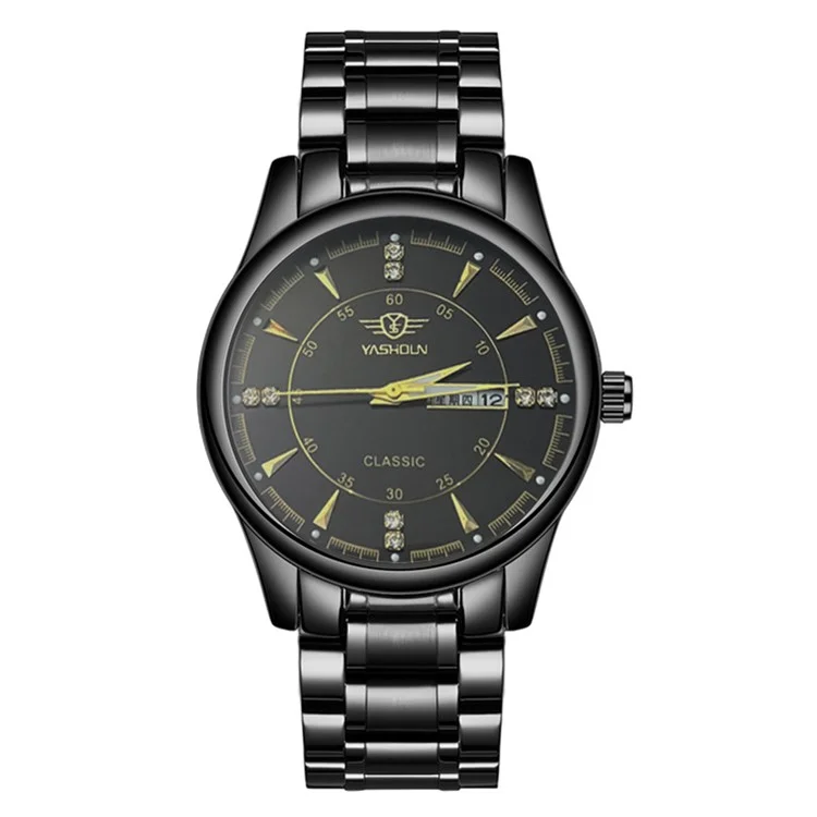 Yashidun 5063 Strap en Acier Couple Élégant Quartz Watch Luminal Calendar Wrist Watch - Cadran Noir / Sangle