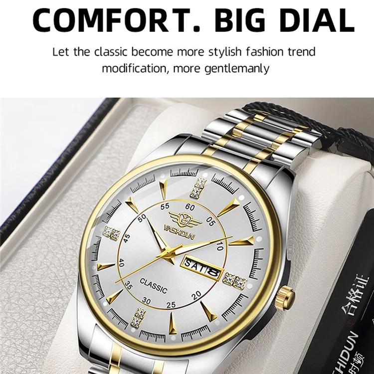Yashidun 5063 Strap en Acier Couple Élégant Quartz Watch Luminal Calendar Wrist Watch - Cadran Noir / Sangle