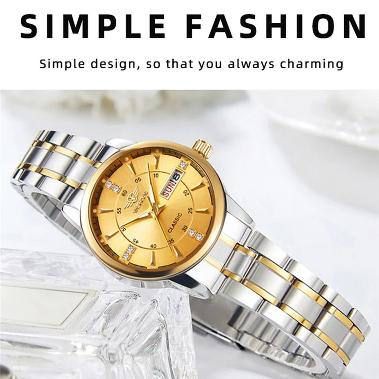 Yashidun 5063 Strap en Acier Couple Élégant Quartz Watch Luminal Calendar Wrist Watch - Cadran Noir / Sangle