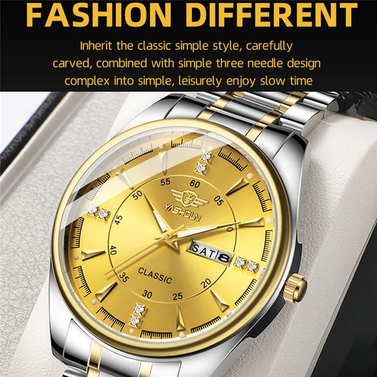 Yashidun 5063 Strap en Acier Couple Élégant Quartz Watch Luminal Calendar Wrist Watch - Cadran Noir / Sangle