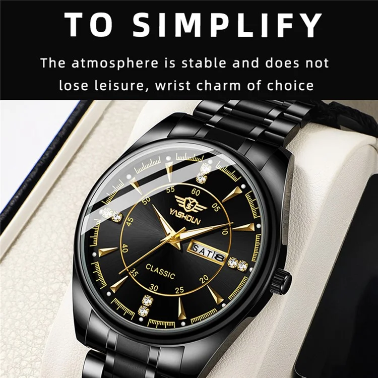 Yashidun 5063 Strap en Acier Couple Élégant Quartz Watch Luminal Calendar Wrist Watch - Cadran Noir / Sangle