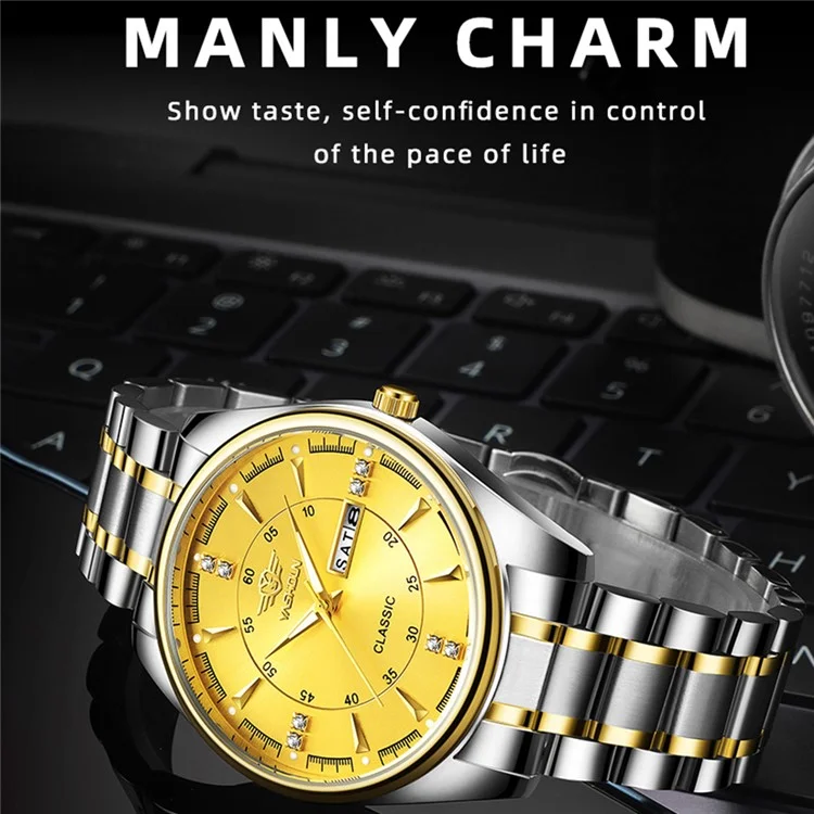 Yashidun 5063 Strap en Acier Couple Élégant Quartz Watch Luminal Calendar Wrist Watch - Cadran Noir / Sangle