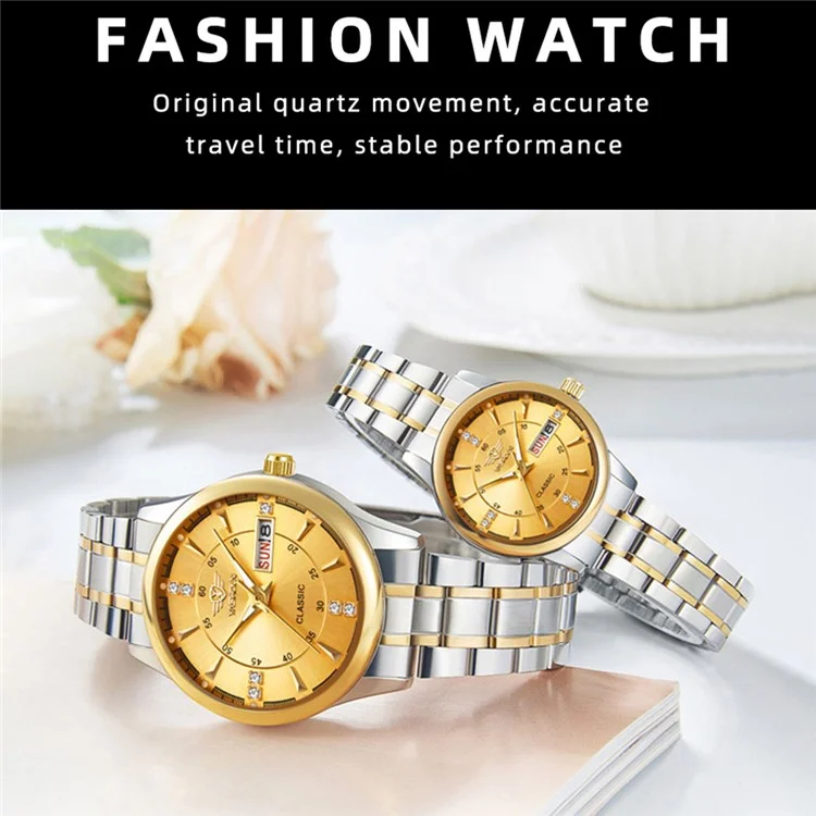 Yashidun 5063 Strap en Acier Couple Élégant Quartz Watch Luminal Calendar Wrist Watch - Cadran Noir / Sangle