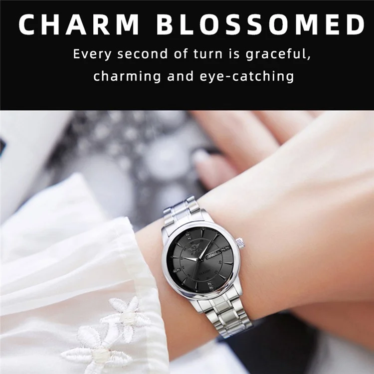 Yashidun 5063 Strap en Acier Couple Élégant Quartz Watch Luminal Calendar Wrist Watch - Cadran Noir / Sangle