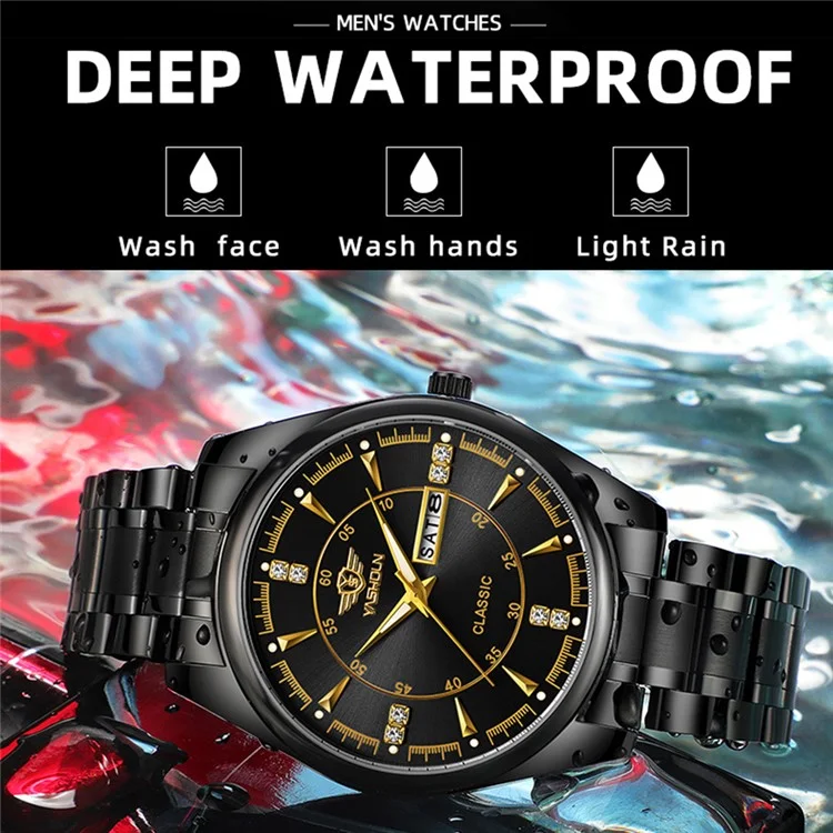 Yashidun 5063 Strap en Acier Couple Élégant Quartz Watch Luminal Calendar Wrist Watch - Cadran Noir / Sangle