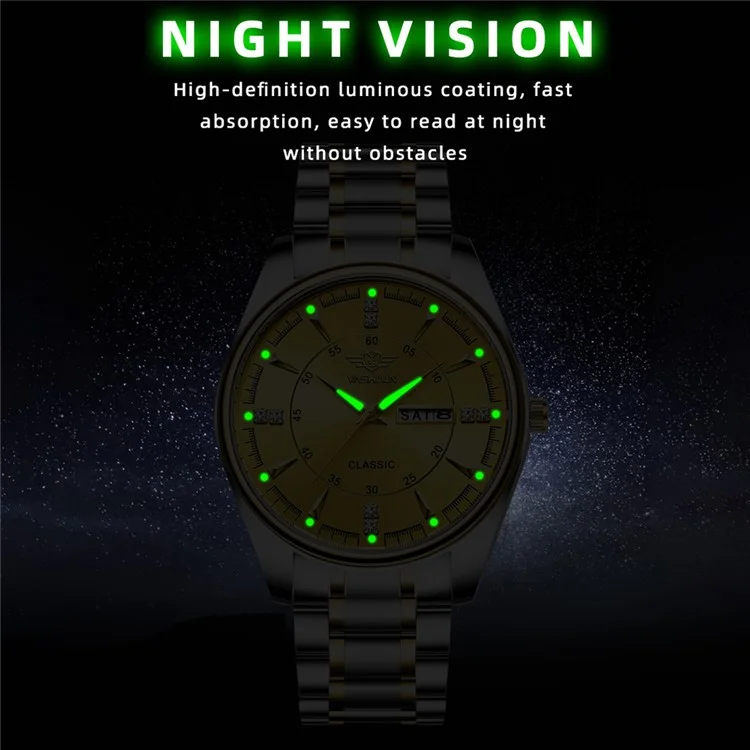 Yashidun 5063 Strap en Acier Couple Élégant Quartz Watch Luminal Calendar Wrist Watch - Cadran Noir / Sangle