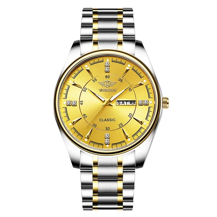 YASHIDUN 5069 Steel Strap Stylish Quartz Watch Men Luminous Calendar Wrist Watch - Gold Dial