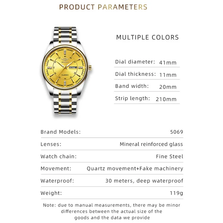 YASHIDUN 5069 Steel Strap Stylish Quartz Watch Men Luminous Calendar Wrist Watch - Gold Dial