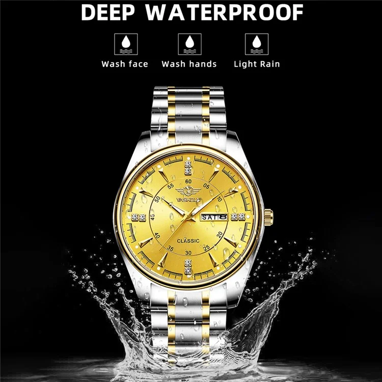 YASHIDUN 5069 Steel Strap Stylish Quartz Watch Men Luminous Calendar Wrist Watch - Gold Dial