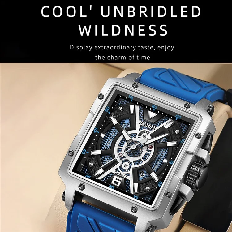 YASHIDUN 5071 Stylish Square Quartz Watch Silicone Strap Men Luminous Wrist Watch - Gold Dial / Black Strap