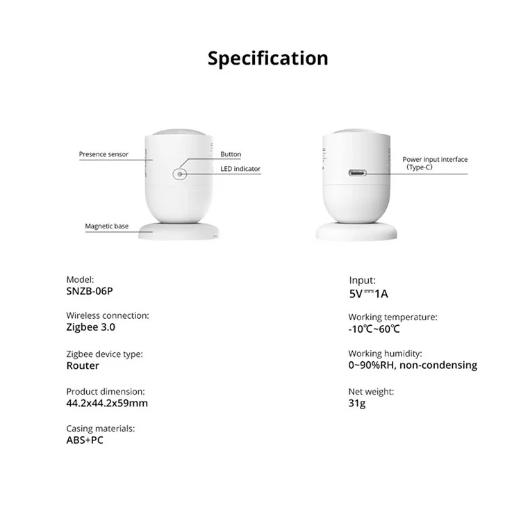 SONOFF SNZB-06P Capteur de présence humaine Zigbee Détecteur radar de mouvement pour Alexa Google Home