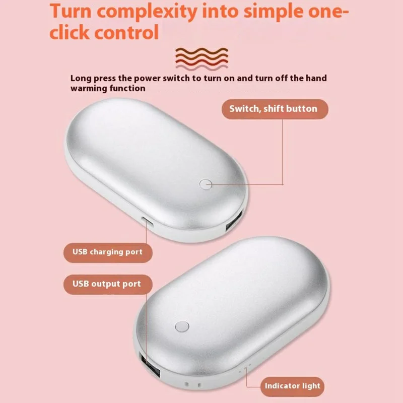 Mini Portable Pebble Shape Winter Electric Hand Warmer 1200mAh Power Bank - Silver