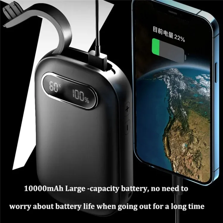 Chauffe-mains portable intelligent à 25 niveaux de chaleur 10 000 mAh Banque d'alimentation portable - Noir