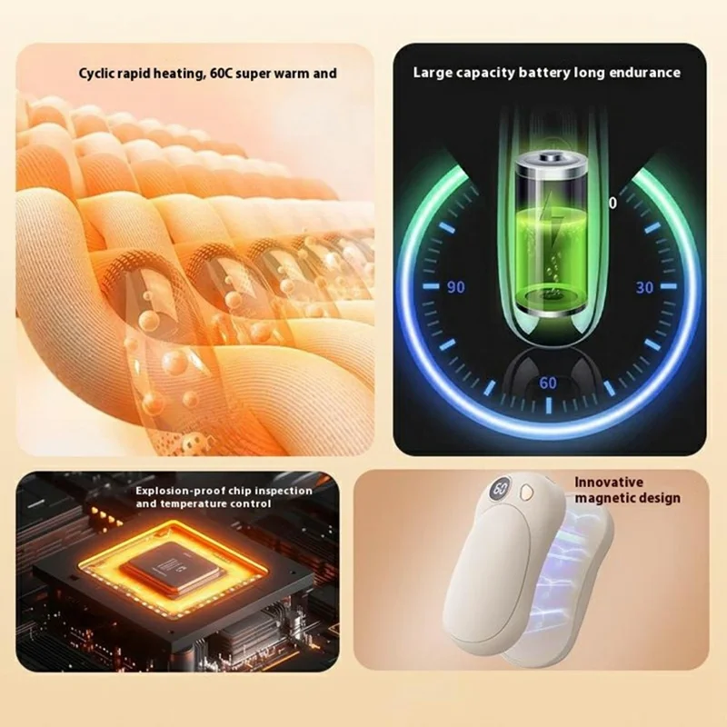 Q6 Magnetic Splittable Portable Winter Electric Hand Warmer Digital Display Phone Power Bank - Beige