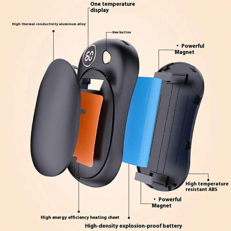 Q6 Magnetic Splittable Portable Winter Electric Hand Warmer Digital Display Phone Power Bank - Beige
