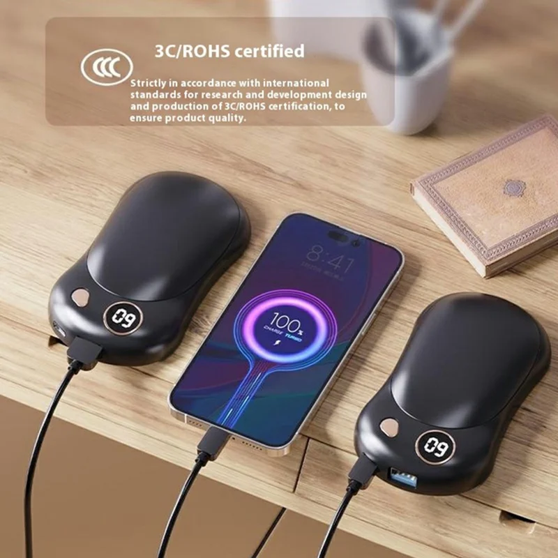Q6 Magnetic Splittable Portable Winter Electric Hand Warmer Digital Display Phone Power Bank - Beige