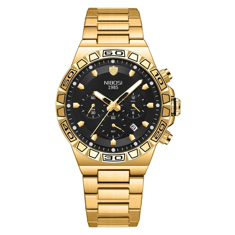 NIBOSI 2661 Reloj de pulsera de acero de estilo con correa de cuarzo para hombres, luminoso, con calendario - Correa dorada / Esfera negra
