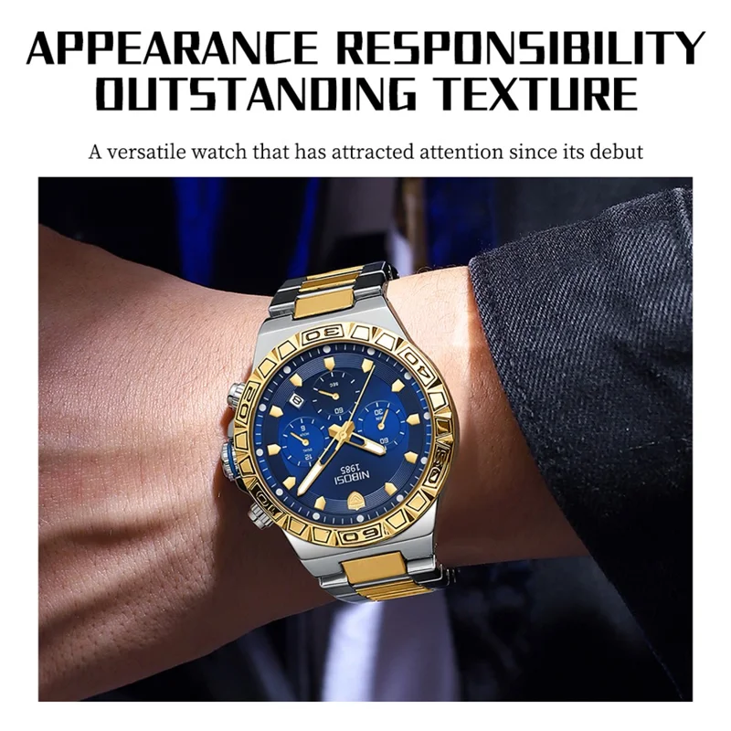 NIBOSI 2661 Reloj de pulsera de acero de estilo con correa de cuarzo para hombres, luminoso, con calendario - Correa dorada / Esfera negra