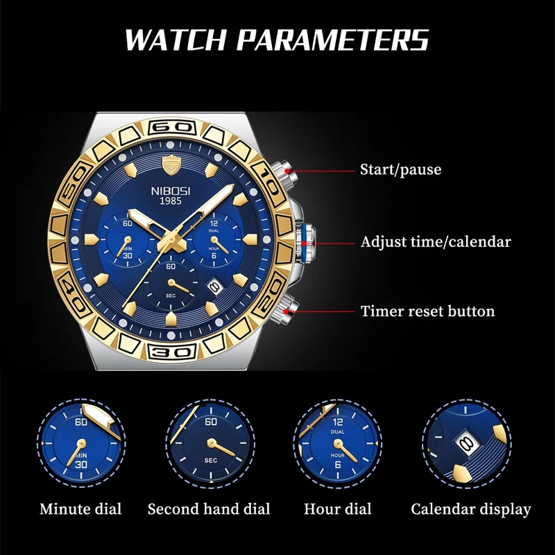 NIBOSI 2661 Reloj de pulsera de acero de estilo con correa de cuarzo para hombres, luminoso, con calendario - Correa dorada / Esfera negra