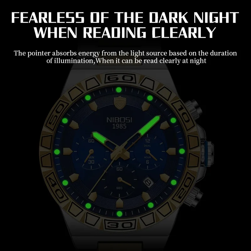 NIBOSI 2661 Reloj de pulsera de acero de estilo con correa de cuarzo para hombres, luminoso, con calendario - Correa dorada / Esfera negra