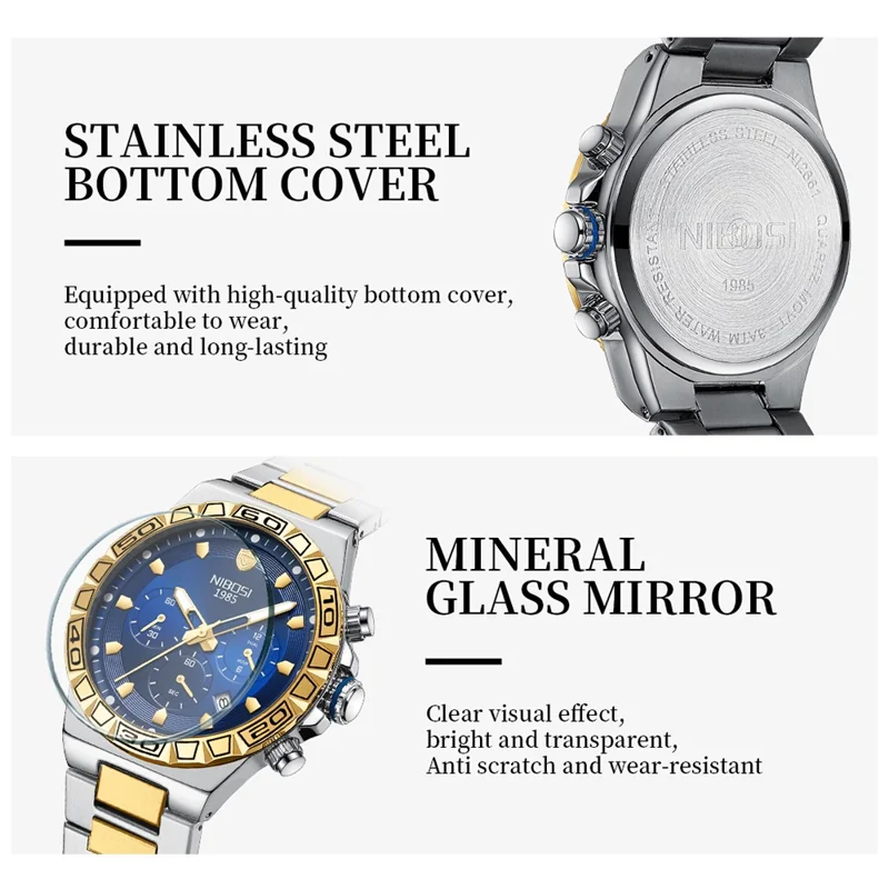 NIBOSI 2661 Reloj de pulsera de acero de estilo con correa de cuarzo para hombres, luminoso, con calendario - Correa dorada / Esfera negra